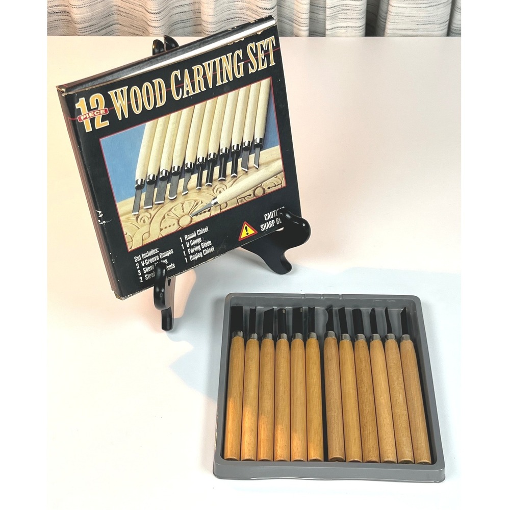 12 Piece Wood Carving Set Chisel Gouge Skew Blade Tool Kit Wood Handles Like New